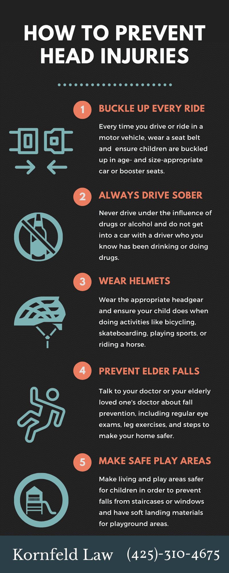 Inforgraphic: How To Prevent Head Injuries: 1. Buckle up every ride; 2. Always drive sober; 3. Wear helmets; 4. Prevent elder
